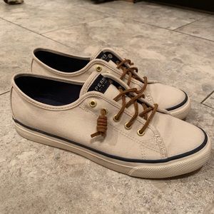 Tan Sperry slip on sneakers